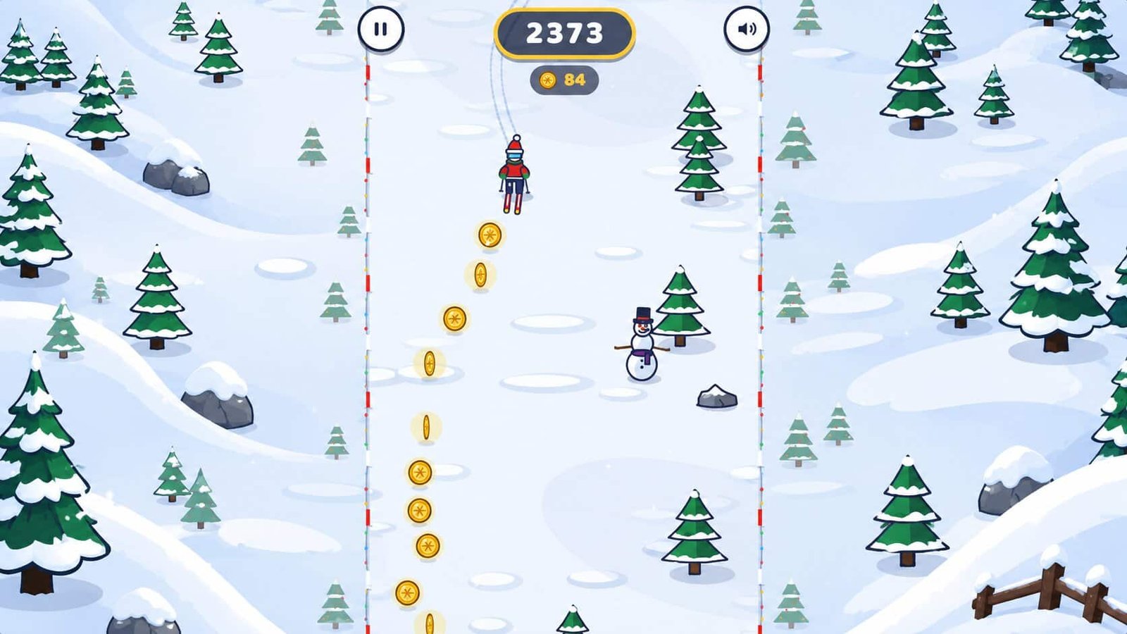 Winter Slope Run gameplay screenshot — skier racing downhill between pine trees on a snowy Christmas mountain