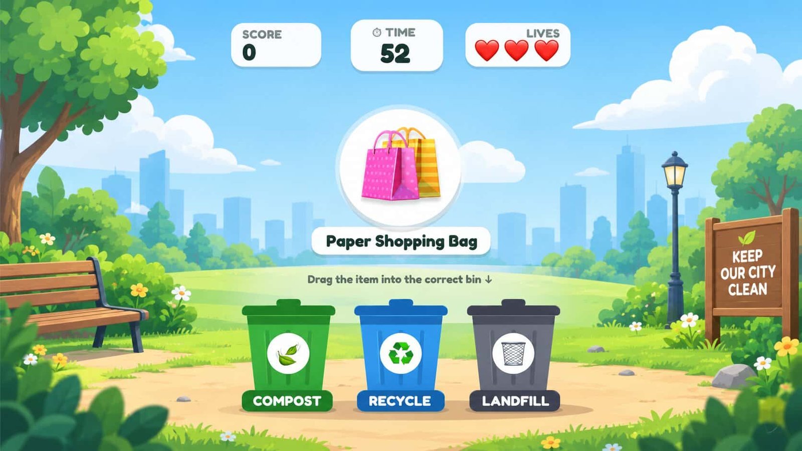 Sort Trash gameplay: a player dragging an item toward the compost, recycle and landfill bins