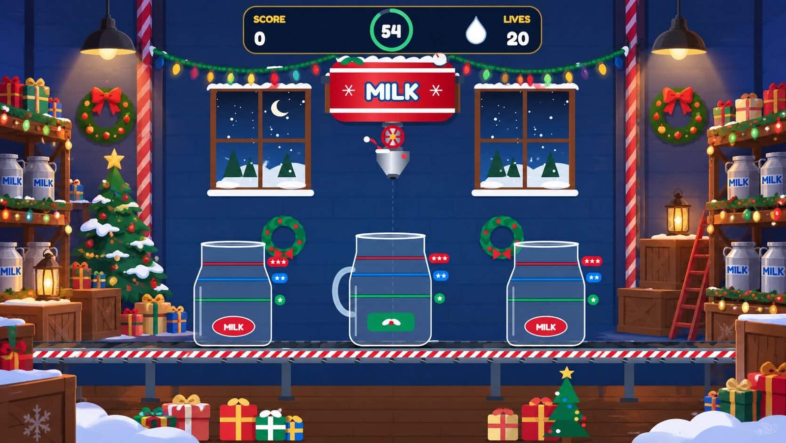 Milk Bottle Challenge gameplay: bottles on a festive conveyor under a milk nozzle